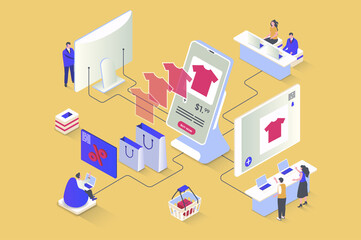 Wall Mural - Online shopping concept in 3d isometric design. Buyers choose products with discount prices using mobile applications and store sites. Illustration with isometry people scene for web graphic