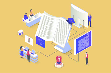 Poster - Online studying concept in 3d isometric design. Students read books, study literature and science, make homework for lessons at home. Illustration with isometry people scene for web graphic