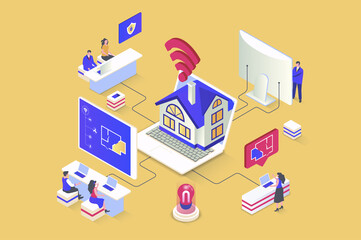 Fototapete - Smart home concept in 3d isometric design. Remote monitoring and control of security systems and other sensors in apartment or house. Illustration with isometry people scene for web graphic