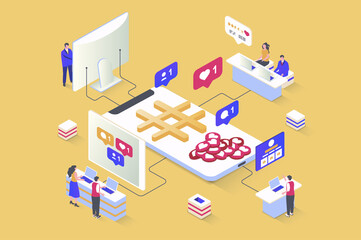 Social network concept in 3d isometric design. Online communication, subscriptions to profiles and blogs, likes, shares of new posts. Illustration with isometry people scene for web graphic