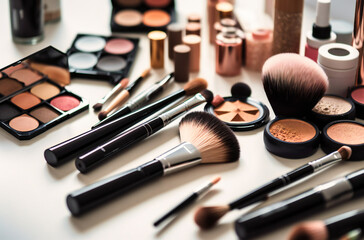 makeup products on a white surface with different brushes