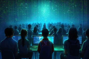 Back view of schoolchildren engrossed in a computer programming class, with holographic code snippets floating around them
