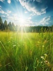 Canvas Print - green lawn at sunset