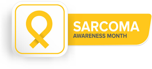 Poster - Sarcoma cancer awareness month concept horizontal banner design template with yellow ribbon and text isolated on blue background. July is Sarcoma cancer awareness month vector flyer or poster