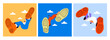 Person falling down from the sky. Bottom view, giant shoes. Flat style. Hand drawn Vector illustration. Fall down cartoon characters. Bad luck, misfortune, failure concept. Isolated design elements