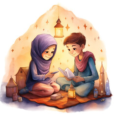 Muslim children reading book, watercolor, PNG background