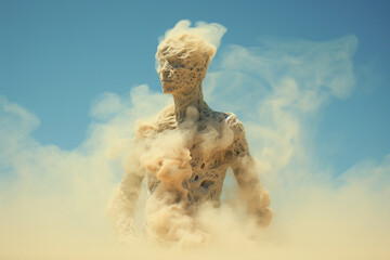 Generative ai image of unusual weird sand cloud body creature unknown face over blue sky thinking minded contemplating