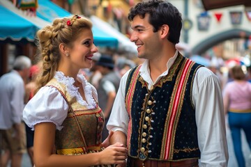 Wall Mural - Oktoberfest Romance: Couple in Traditional Bavarian Attire Embracing the Festival Atmosphere, Generative AI