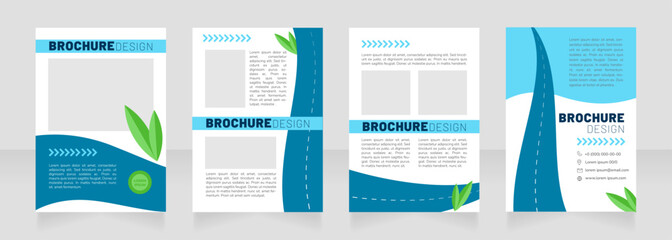 Energy efficient vehicle blue blank brochure design. Template set with copy space for text. Premade corporate reports collection. Editable 4 paper pages. Barlow Black, Thin, Nunito Light fonts used