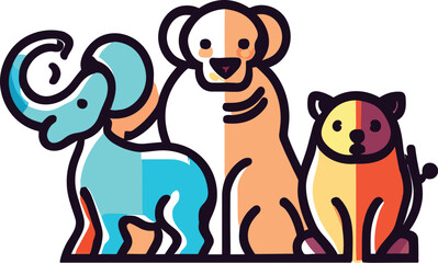 A group of animals elephant, dog and cat with different colors illustration, icon and logo