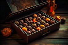 A Box Of Chocolates Is Shown On A Dark Wooden Table