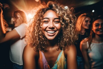 portrait of a beautiful young woman partying with her friends, created with generative ai