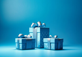 three blue gift boxes on light blue background