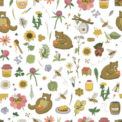 Wall Mural - Bees, honey and bears vector seamless pattern.