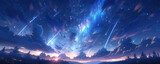 Heavenly sky. Sky of shooting stars, meteor shower,  wide format background illustration.  Space spectacle.  Hand edited generative AI.