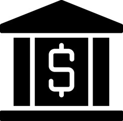 Sticker - Bank building black glyph icon. Financial operations and transactions. Credit and deposit. Money and economy. Silhouette symbol on white space. Solid pictogram. Vector isolated illustration