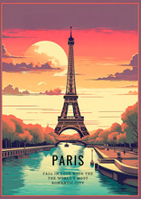 Paris, Eiffel Tower, And The Seine River. A Retro-style Poster With A Colorful Illustration Of The Eiffel Tower, Generative AI