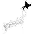 Vector map of the prefecture of Hokkaidō highlighted highlighted in black on the map of Japan.