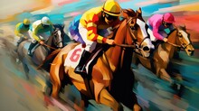 Horse Racing Colorful Illustration, With Jockeys Sprinting On Horses. Horse Racing Horizontal Poster.