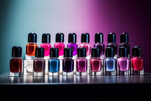 A Visually Pleasing Arrangement Of Nail Polish Glass Bottles Presents A Stunning Gradient Of Colors. Powered By Generative AI.