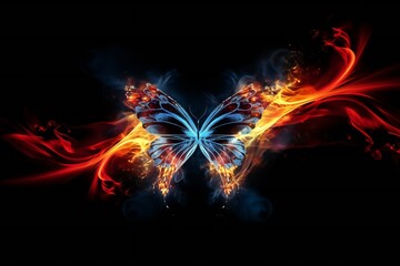 Wall Mural - abstract glowing fiery butterfly flying on black background and leaving red and blue fire trail behi