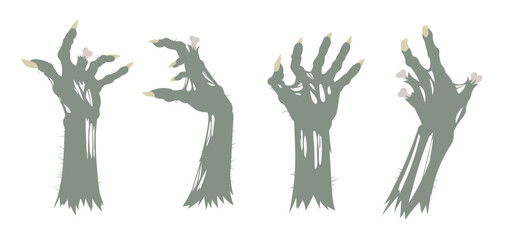 Wall Mural - Cartoon zombie arms. Halloween creepy bony hands, living dead monsters scrawny hands. Horror zombie hand flat vector illustration set