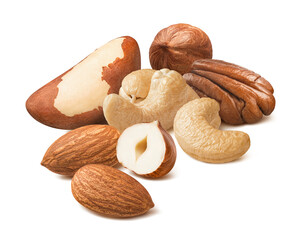 Poster - Pecan, cashew, almond, hazelnut and brazil nuts isolated on white background