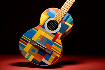 Fototapete - An image depicts an abstract geometric style illustration of a guitar, where its body and strings are composed of a combination of geometric patterns and bold, Generative AI technology