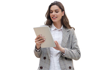 Young smiling businesswoman working on digital tablet on a transparent background