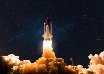 Wall Mural - new ship rocket shuttle flies to moon. spaceship lift off into the starry sky. rocket starts into sp