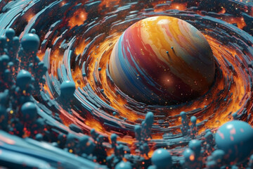 Aufkleber -  visually striking fusion of geometric patterns and cosmic landscapes, creating a surreal and captivating representation of an abstract planet.. Generative AI technology