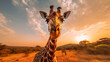 illustration of african landscape with giraffe in the sunset light. Created with Generative AI