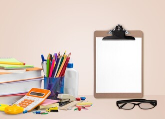 Canvas Print - Empty paper with school stationary and supplies on desk