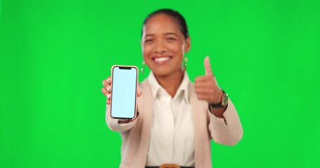 Sticker - Green screen phone, happy and corporate woman thumbs up for online advertising news, satisfaction or sales promo. Chroma key portrait, point and business person show smartphone on studio background