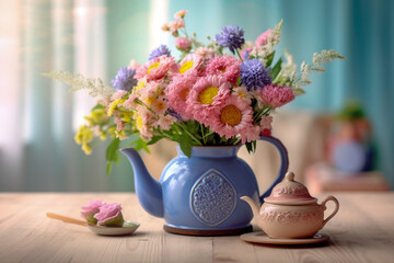 Floral bouquet in the teapot. Super photo realistic background. Generative ai illustration