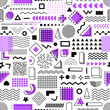 © Vector Tradition - Memphis geometric line shapes seamless pattern. Fabric minimalistic print with Memphis shapes, funky geometric doodles vector wallpaper. Textile seamless background with colorful geometric pattern