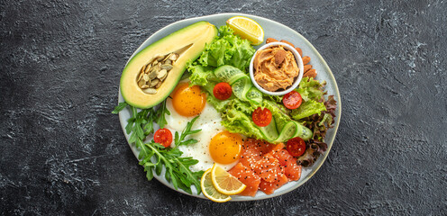Wall Mural - Healthy eating food vegetables salad, avocado, fish, eggs, nuts peanut paste. low carb keto ketogenic diet