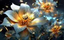 The Golden Shiny Flowers At The Black Background.