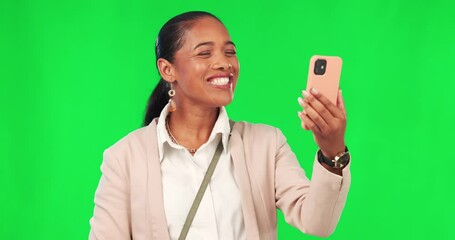 Wall Mural - Green screen, video call and thumbs up by happy woman with phone in studio on mockup background. Smartphone, hello and female person smile with hand, emoji or thank you, online or communication