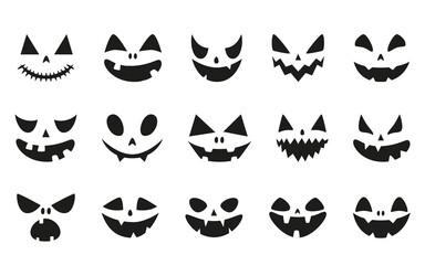 Wall Mural - Collection of funny and scary ghost or pumpkin faces for Halloween. Illustration on transparent background