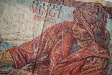 Closeup of vintage bank note of twenty francs