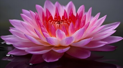 Wall Mural - Macro close up shot of beautiful purple dahlia flower head on the water nature background. Generative AI technology.