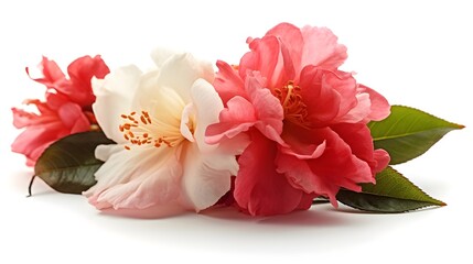 Wall Mural - Beautiful close up pink white and red Japanese camelia flower with some leaves laying on white studio shot background. Generative AI technology.