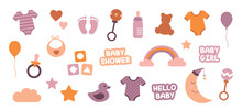 Colorful Set Of Baby Utensils Baby Girl Collection Isolated On White Vector Illustration EPS10