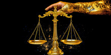 Captivating Image Of A Mysterious Hand Holding Golden Justice Scales, Evoking Emotions And Hinting At Undiscovered Solutions – Perfect For Legal Themes. Generative AI