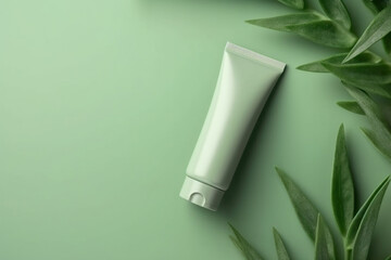 Natural cosmetics lotion tube mockup with green leaves aside, flat lay with copy space. AI generative