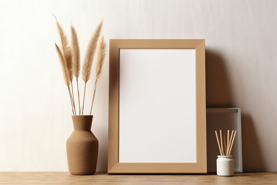 Wall Mural -  - Empty wooden picture frame mockup with a beige theme. Art, poster display. Modern interior. - generative ai