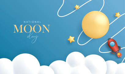 National moon day banner with moon, stars, cloud and rocket.