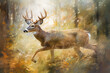 Majestic double exposure of graceful Virginia deer leaping amidst dappled forest foliage, evoking serenity and fluid movement for emotionally stirring artwork. Generative AI