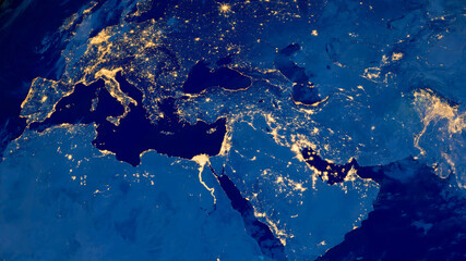 Wall Mural - earth photo at night, world map. satellite photo. city lights of europe, middle east from space. ele